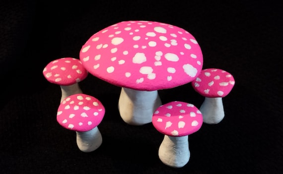 Fluorescent Pink Mushroom Fairy Furniture Table and Chair Set Fluorescent Pink Mushroom Fairy Furniture Table and Chair Set