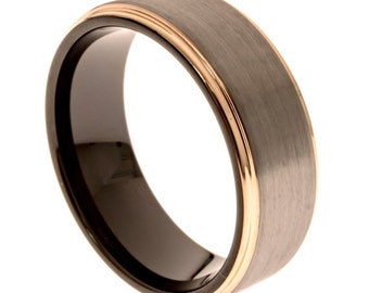 Rose Gold and Silver Men's Wedding Band, Tungsten Carbide, 8MM, Black Comfort Fit Band, Free Engraving, Sizes 7-13