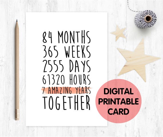 PRINTABLE 7th anniversary card, 7th wedding anniversary card, 7 years together, 7 amazing years, valentines card, gay anniversary card