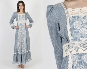 Gunne Sax Dress Chambray Dress Prairie Dress Renaissance Dress Bohemian Dress Crochet Dress Vintage 70s Floral Boho Hippie Maxi Dress S