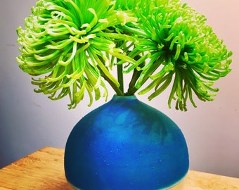 Blue 'beach' sphere vase - handmade, wheel thrown bud vase in white stoneware with blue glaze