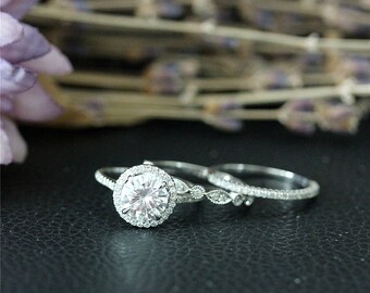PRETTY 3 Ring Set,1.5ct Round Moissanite Ring Wedding Band 14k White Gold Moissanite Wedding Ring Set,Forever One Moissanite Engagement Ring
