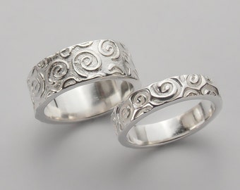 Wedding Ring Set - Unique Wedding Band - Wedding Band Set - Wedding Bands - Spiral Swirl Pattern - Engraved Wedding Bands - RN 254