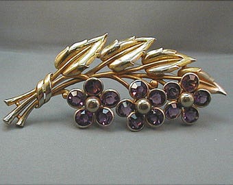 Vintage Large Amethyst Rhinestone Flower Brooch Pin