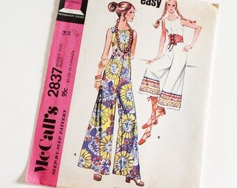 Vintage 1970s Womens Size 14 Sleeveless Palazzo Jumpsuit McCalls Sewing Pattern 2837 FACTORY Folds / b36 w27