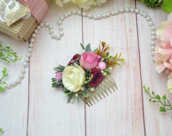 Pink Flower comb Flower girl Ivory hair comb Floral hair comb Boho comb Woodland Wedding hair comb Bridal hair comb Spring wedding comb pink