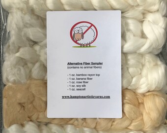 vegan fiber, nonwool sampler for spinning or crafting, undyed, banana fiber, rose fiber, seacell, bamboo, soysilk, 5 oz. total