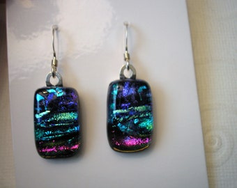 OOAK Dichroic Glass Earrings South Seas Aqua, Turquoise, Purple, Bright Pink Sparkling Glass on Black Fused Glass Dangle Earrings Iridescent