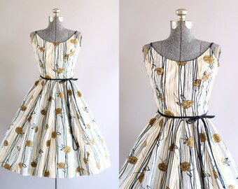 Vintage 1950s Dress / 50s Cotton Dress / Jerry Gilden Yellow and Black Rose Print Dress XS