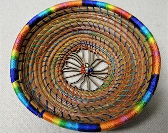 Rainbow Basket Rainbow Flower Pine Needle Basket Native American Pine Needle Coiled Basket For Her Basket For Teen Birthday Gift Home Decor