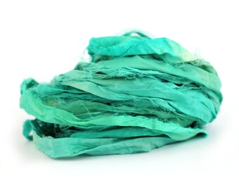 Recycled sari silk ribbon handdyed in Woodland Glade, 10metre length, textile arts, mixed media, jewellery making