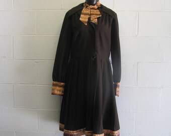 Womens Vintage 60s/70s Retro Brown Long Sleeve Dress Brown and Orange Pleated Dress