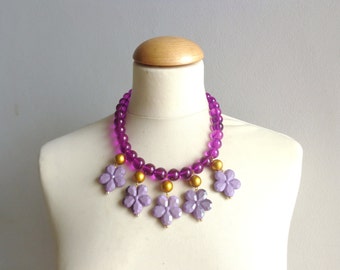 Purple flowers statement necklace bib necklace large necklace chunky necklace