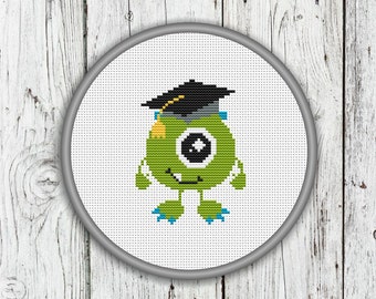 Cute Graduation Monster Counted Cross Stitch Pattern, Green Monster Needlepoint Pattern - PDF, Instant Download