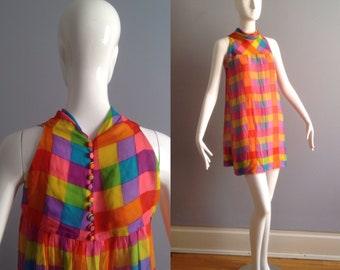 Vintage 60s Ultra Mod Silk Dress by Gino Charles ~ Sheer Plaid Party Mini