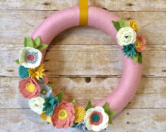 Spring Felt Flower Wreath, Felt Flower Wreath, Summer Felt Wreath