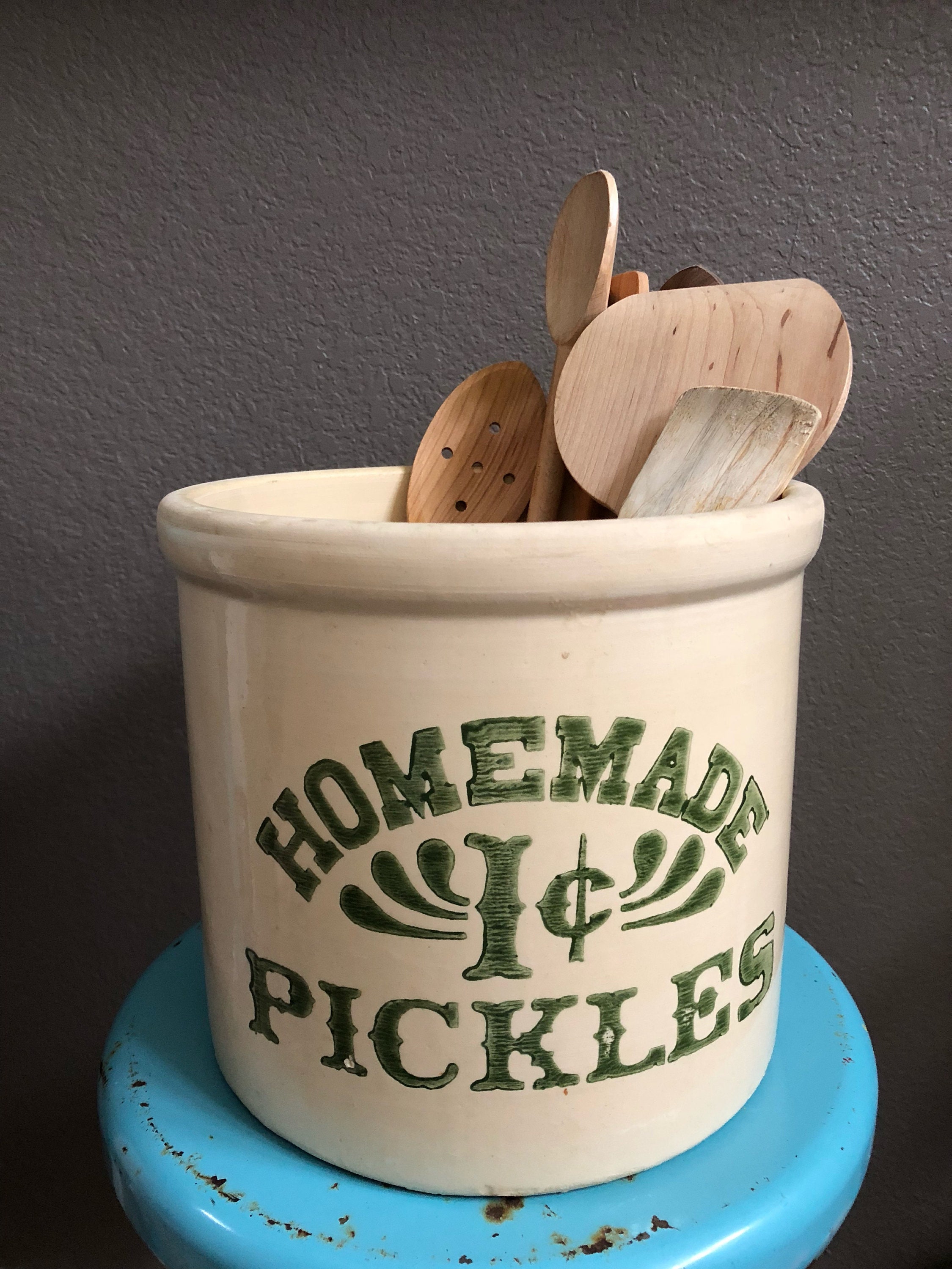 Antique Vintage HOMEMADE 1c PICKLES Crock. Pottery.