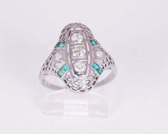 18K White Gold Filigree Emerald and Diamond Ring, size 6.75