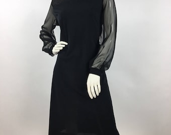 1970s black windsor shift dress, 70s windsor dress sheer arms