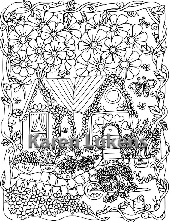 Happy Garden Cottage 1 Adult Coloring Book Page Printable