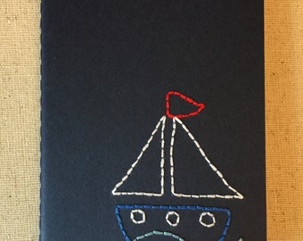 Hand Embroidered Moleskine Notebook - Sailboat