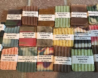 Soap 6 sample set, cold process homemade soap, labeled, you choose the scents or I can choose for you. Soap samples.