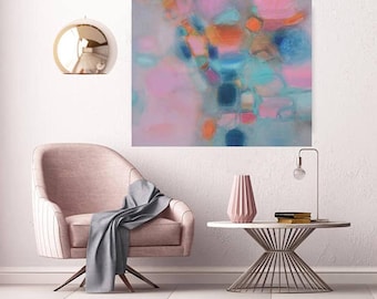 XL Abstract oil canvas teal blue, modern minimalist Extra Large blush turquoise painting for over sofa 48"x48" modern landscape abstract art