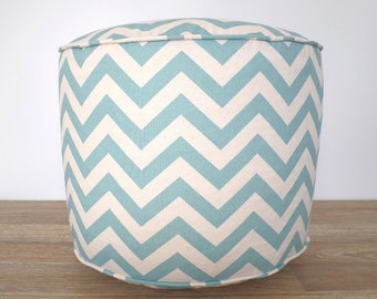 Round chevron pouf for nursery decor, light blue and beige floor poof, geometric pouf ottoman dorm room, round floor pillow