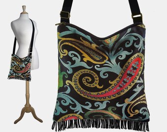 Black Crossbody Hobo Bag, Boho Sling Bag, Hippie Bag Boho, Cross Body Fringe Purse, Paisley Tapestry Bag, red yellow blue RTS