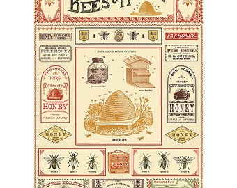 Bees & Honey Wrapping Paper by Cavallini to Frame or for Gift Wrapping, Book Binding, Decoupage, Collage, Scrapbook, Paper Arts PSS 3358