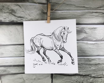 Horse art original "Cantering in the grass" pen & ink sketch drawing
