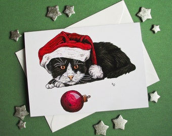 Kitty Cat with a bauble Christmas card with glitter