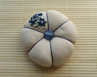 Pincushion, embroidered linen and coton pincushion, embroidered blue ribbons and bead cushion, floral pincushion