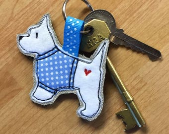 Westie keyring, westie keyfob, embroidered westie, west highland terrier keyring, westie mum, dog lover gift, westie lover gift