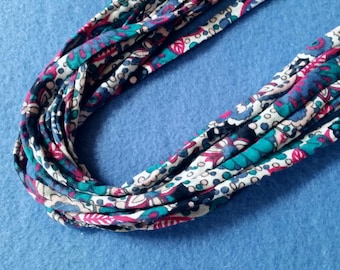Recycled T-shirt Fabric Necklace - magenta, blue, and teal floral print, upcycled tshirt necklace tarn tshirt yarn
