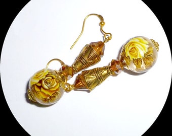 Tensha bead earrings, Autumn tonings - Browns and golds - Antique gold - Amber crystals