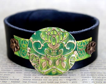 Cuff Bracelet, Leather Bracelets for Women, Leather Cuff Bracelets, Vintaj Jewelry, Green Yellow Jewelry, Bracelet, Etruscan, Boho Jewelry