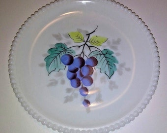 Vintage Westmoreland Milk Glass Beaded Edge 7.5" Salad Plate Hand painted Grapes
