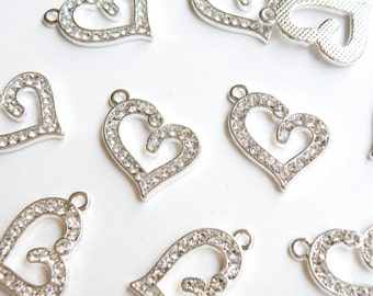 5 Heart rhinestone charms antique silver finish 22x16mm PRSB509