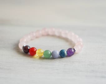 7 Chakra Rose Quartz Bracelet - Healing Bracelet - Gemstone Bracelet - Chakra Bracelet - Wrist Mala - Mala Bracelet - Chakra Jewelry