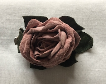 Pink Rose Corsage, Dusky Pink Suede Leather Rose Corsage, Leather Flower, Rose Hair Clip, Hand Made Leather Rose, Wedding Corsage
