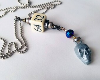 Upcycled Necklace, Vintage Game Cube, Skull Necklace, Found Object Jewelry
