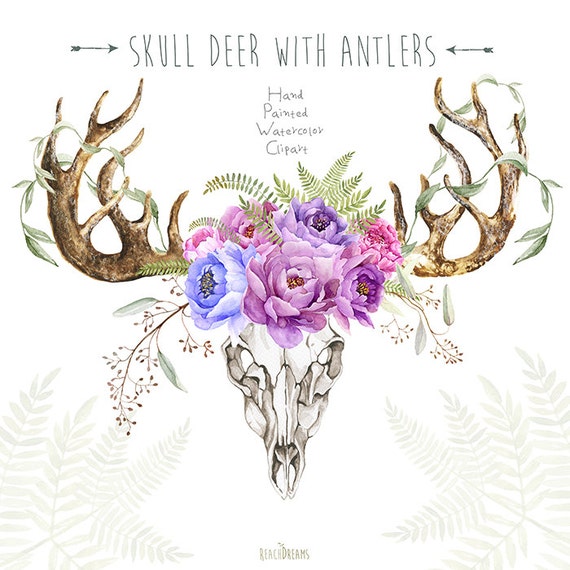 Skull Deer With Antlers. Hand Painted Horns Fern Peony