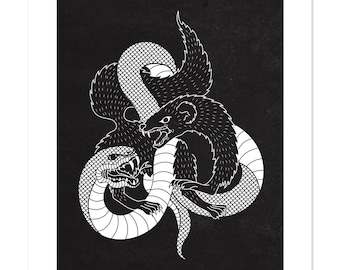 The Snake and the Mongoose, Black and White, Illustration, Art Print 12x16