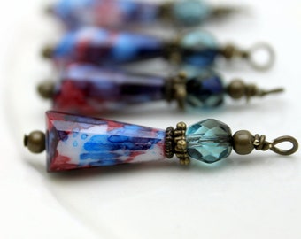 Vintage Style Red White and Blue Teardrop and Czech Crystal with Brass Bead Dangle Charm Drop Set