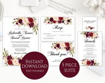 Wedding Invitation Template, Invitation Suite Template, Marsala Wedding Invitation, Editable Wedding Invite, Instant Download, Printable