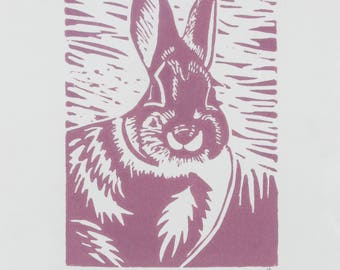 Limited edition hand printed Linocut of a rabbit