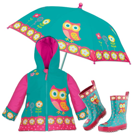 3 Pieces Set Stephen Joseph Owl Rain Gear, Umbrella, Rain Coat and Rain Boots.