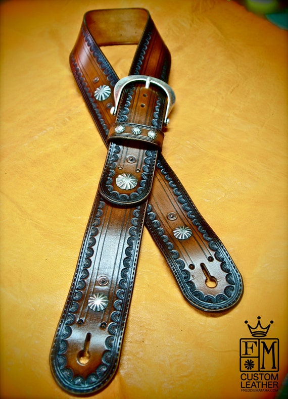 Leather Guitar Strap Brown tobacco Sunburst OUTLAW Cowboy Rockstar Tooled Vintage Style Handmade for YOU in USA by Freddie Matara!
