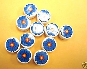 20 Ceramic Blue Flowers Round Beads